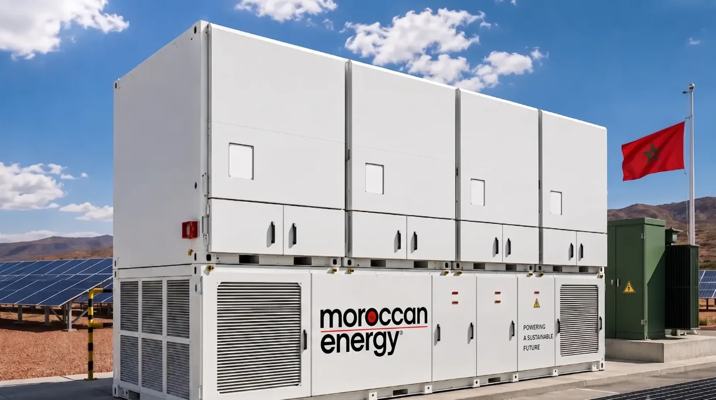 Moroccan Energy Batteriespeicher-Container (BESS) neben einer Solaranlage